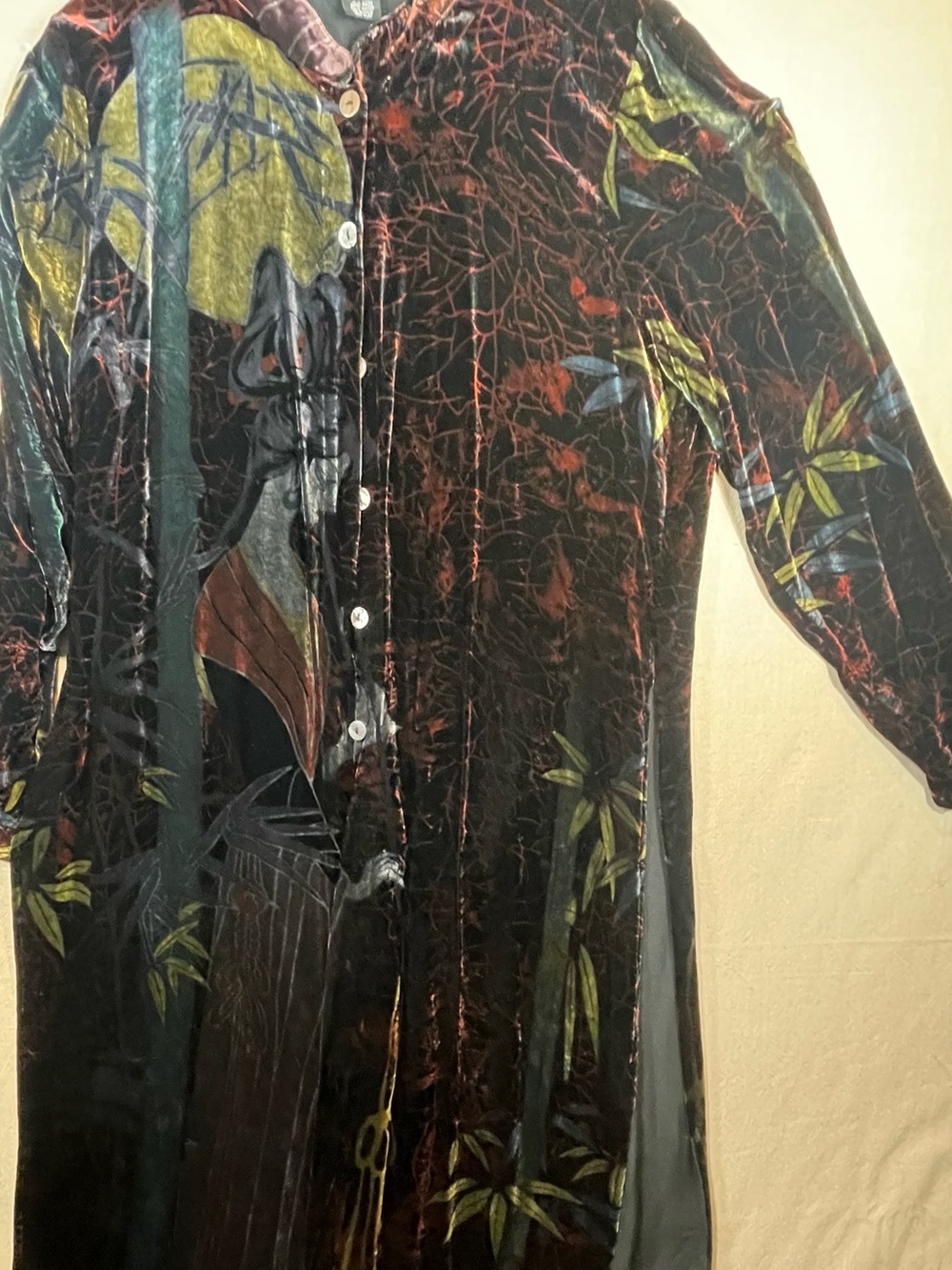 Woman’s Black Velvet cape style  with Multicolor Artistic Print and slit panels.